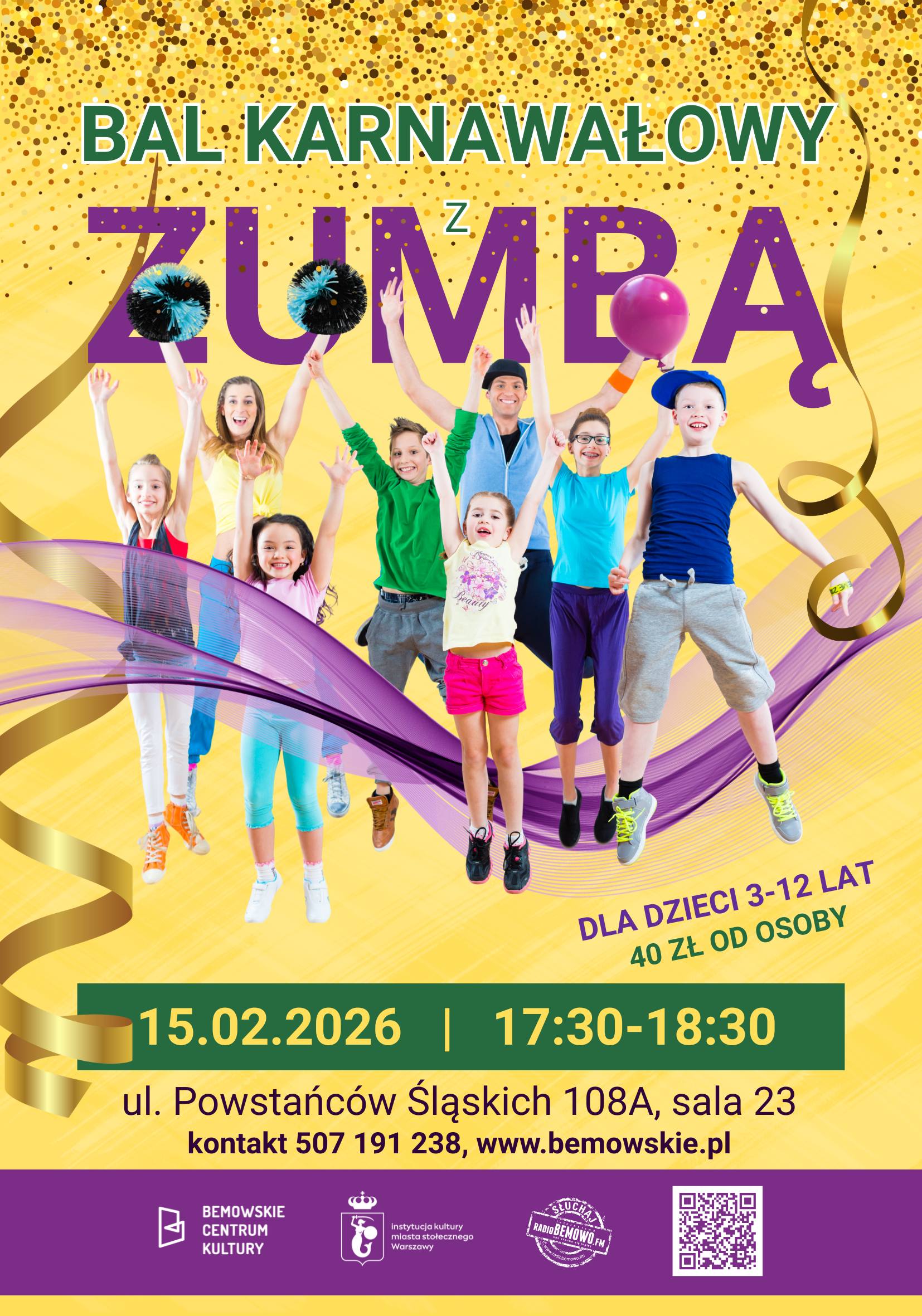 Plakat reklamujący bal karnawałowy z zumbą. Dzieci skaczą na tle fioletowej ozdobnej fali.